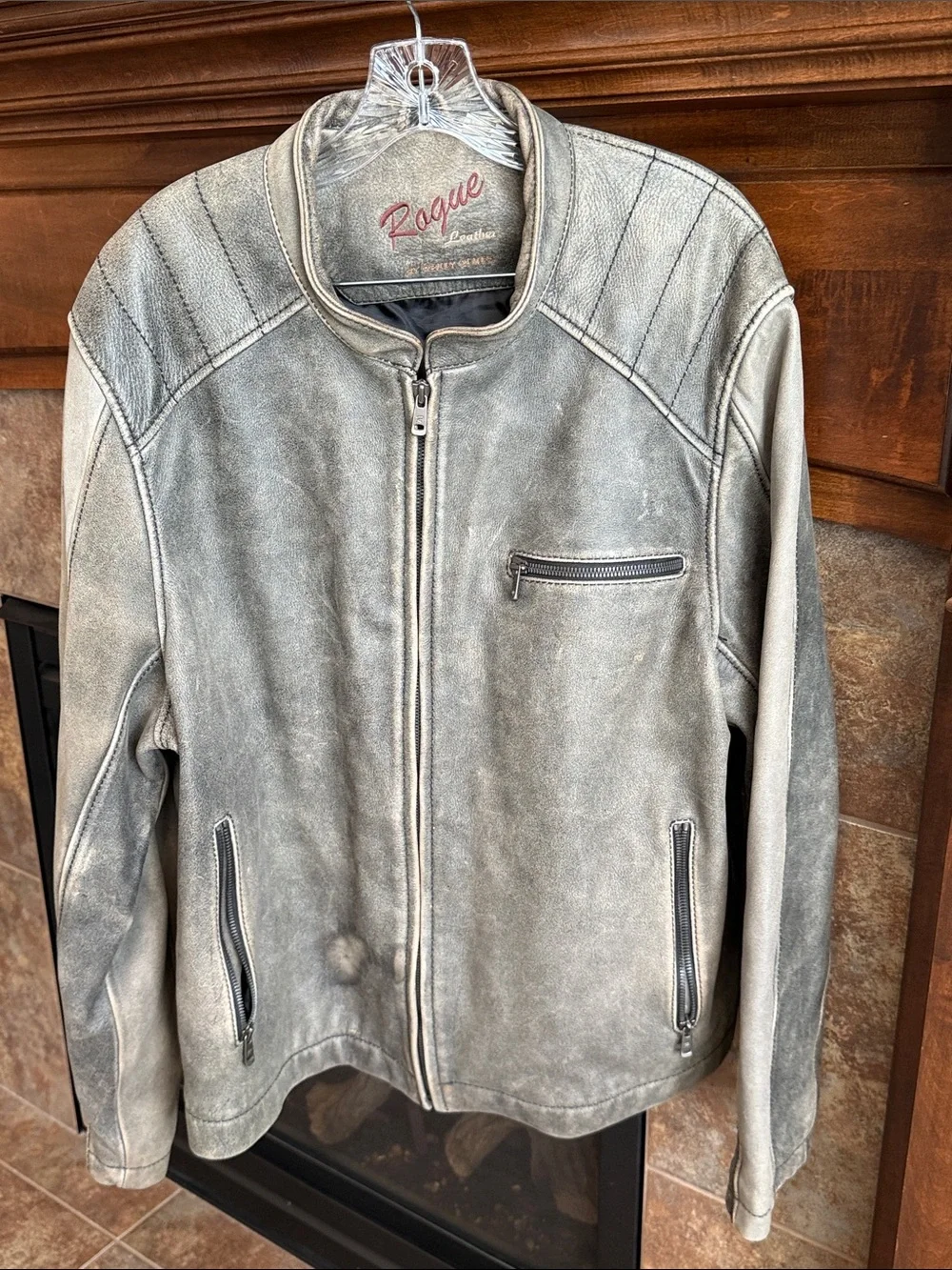 Distressed worn antique washed gray Rogue Leather biker moto motorcycle Jacket X